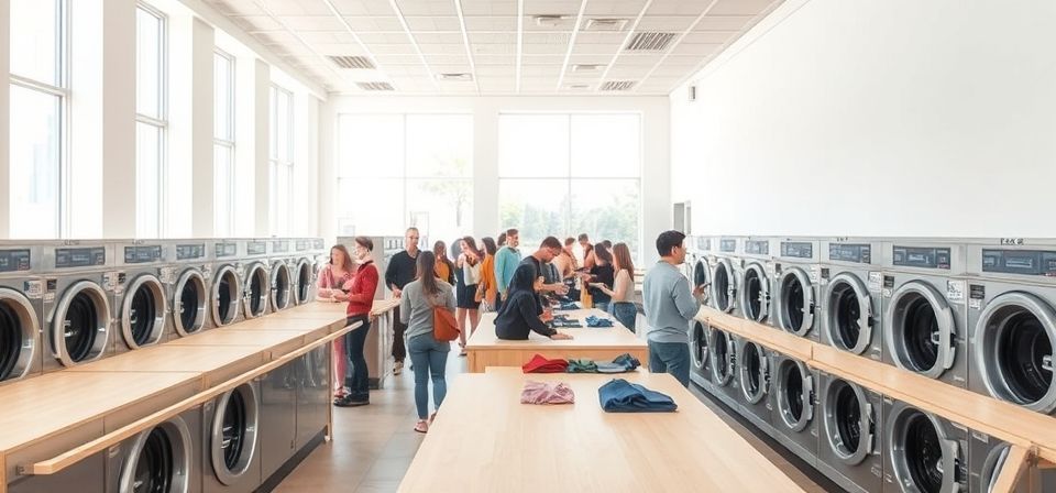 Interior de una lavandería autoservicio moderna y limpia con varias máquinas