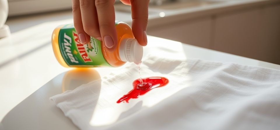 Persona aplicando Fairy sobre una mancha de sangre en un tejido blanco, demostrando cómo quitar manchas de sangre con fairy.
