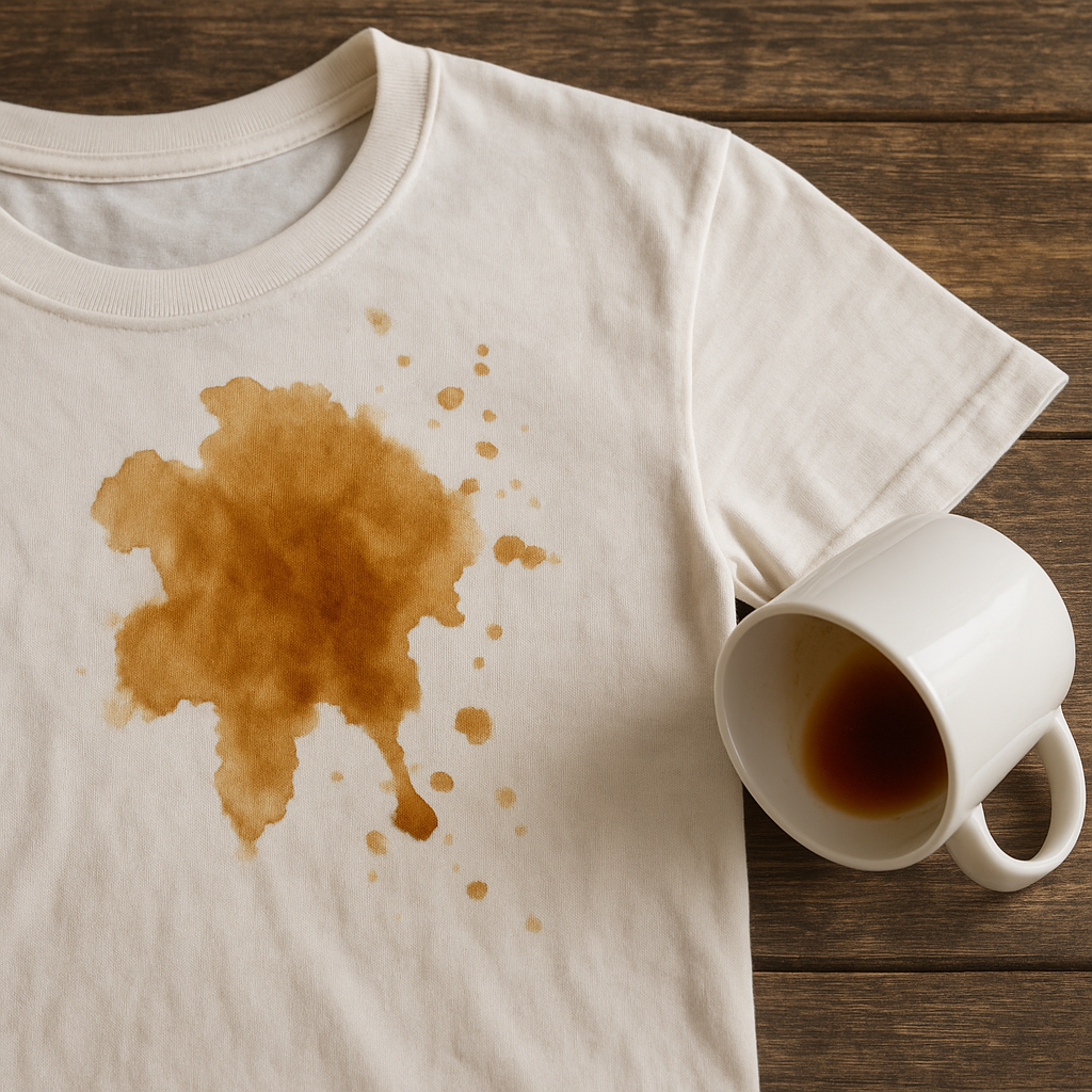 Camiseta blanca con manchas de café antes y después de lavar en lavandería