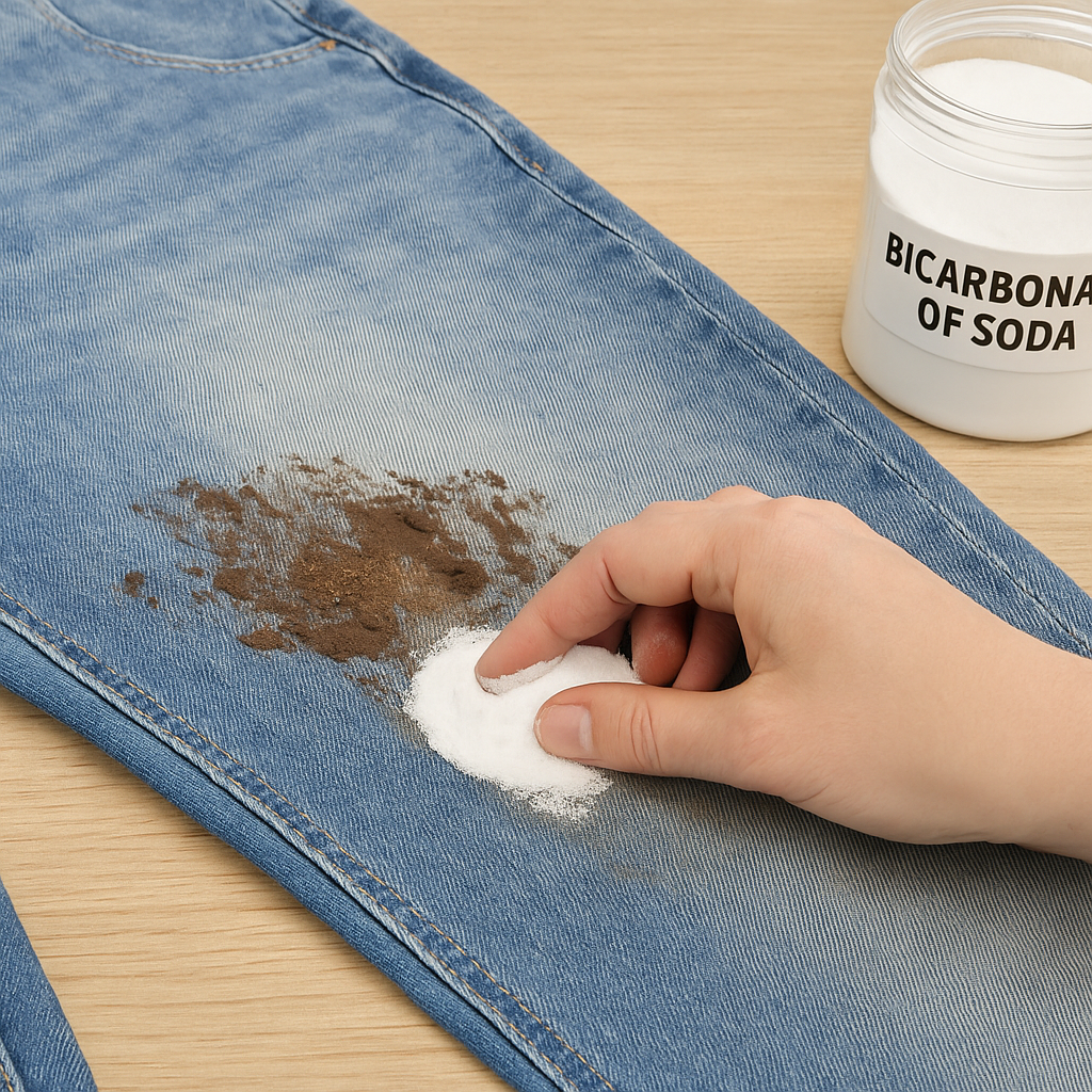 Ropa manchada de barro limpiándose con bicarbonato