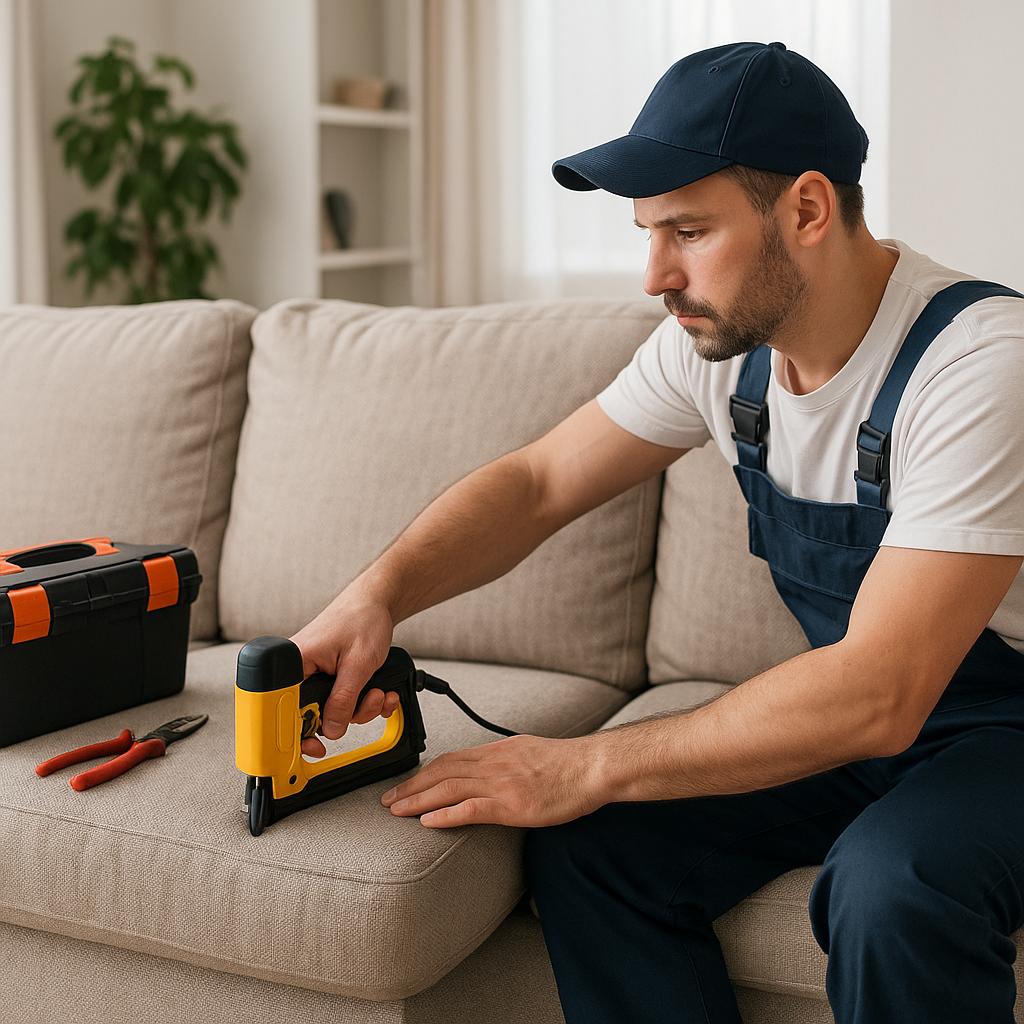 sofá reparado a domicilio por especialistas en limpieza, con calidad superior a tintorería